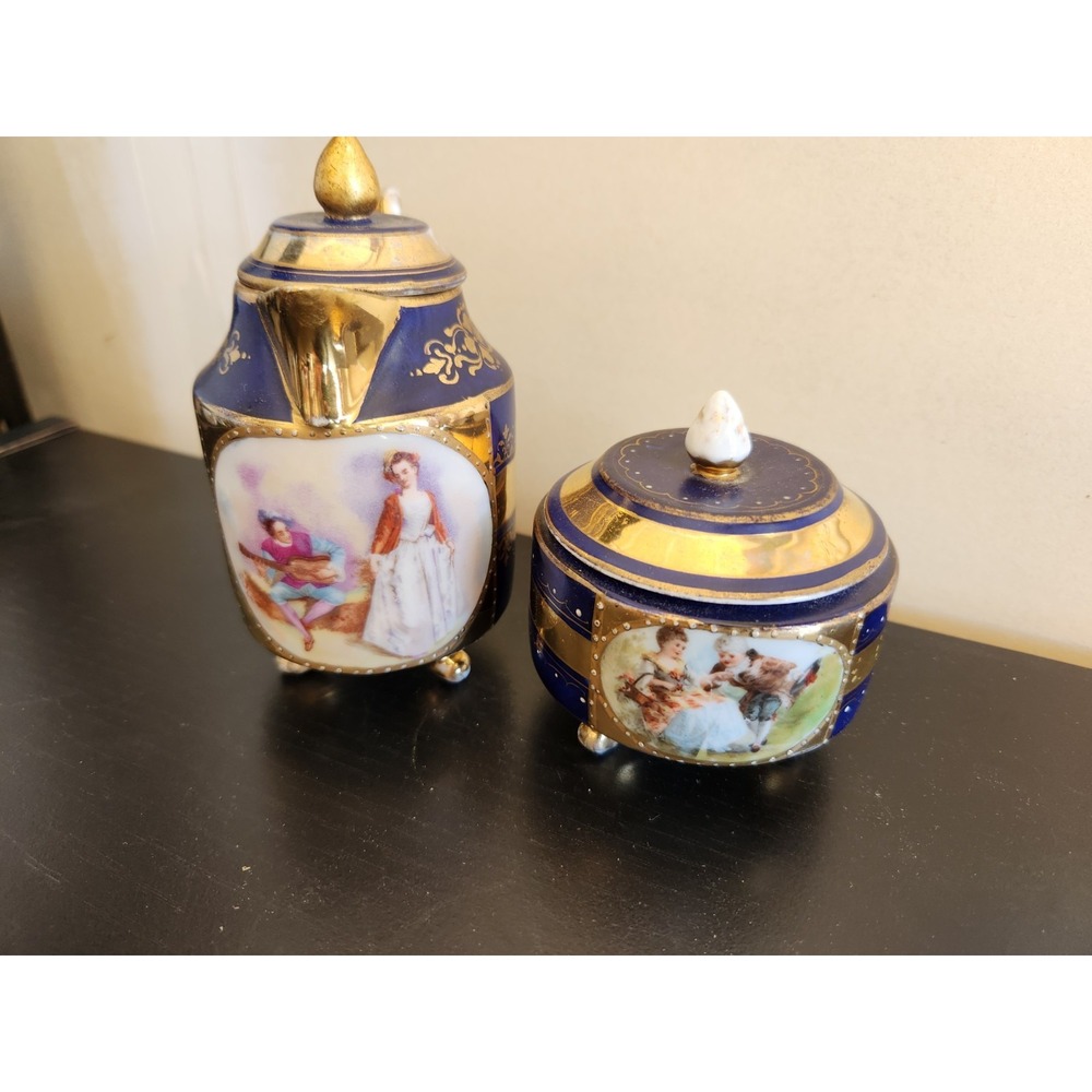 Antique Meissan Cobalt Gold Grand Pictorial‎ Romantic Couple Creamer + Sugar Set
